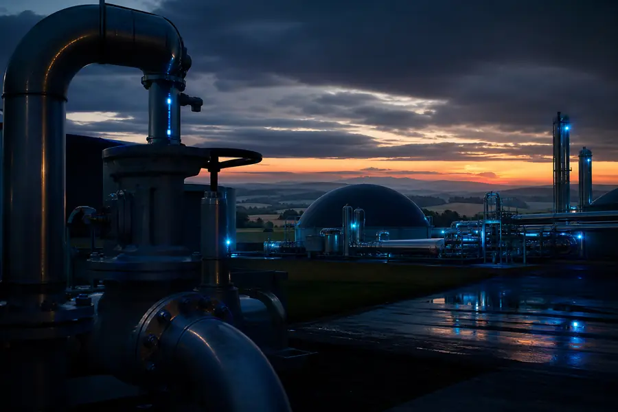 Site de méthanisation injectant du biométhane dans le réseau de gaz au crépuscule, éclairé de bleu.