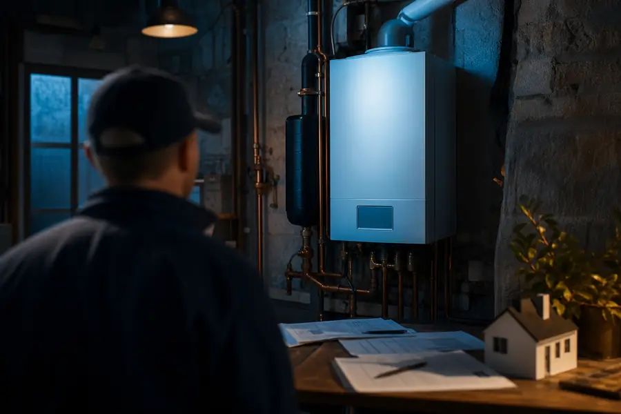 Technicien de dos inspectant une chaudière murale dans une chaufferie résidentielle éclairée de bleu.