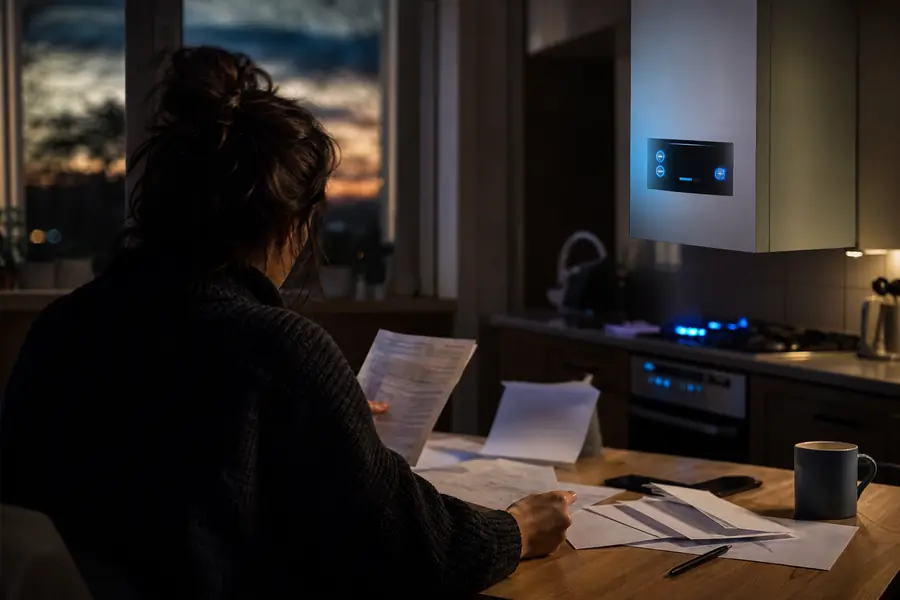 Une personne consulte des documents liés à une facture de gaz sur une table, dans une lumière bleu gaz.
