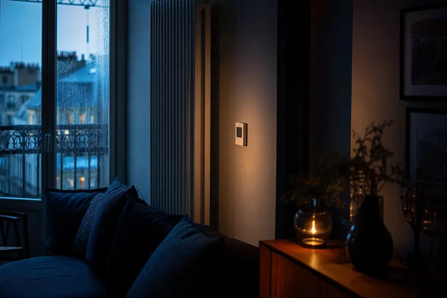 Thermostat mural près d’un radiateur dans un salon, illustrant la maîtrise de la consommation de gaz