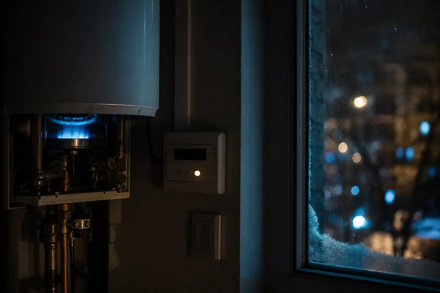 Compteur de gaz éclairé en bleu devant une fenêtre hivernale, illustrant l’effet météo sur la facture
