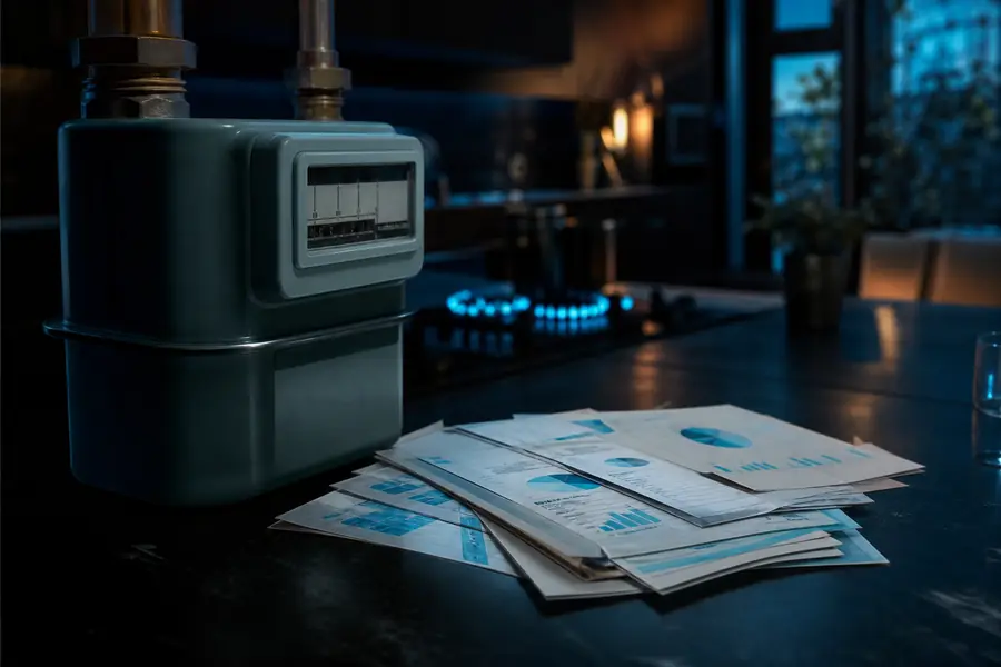 Un compteur de gaz et des factures sur une table illustrent la fin du tarif réglementé pour les ménages.