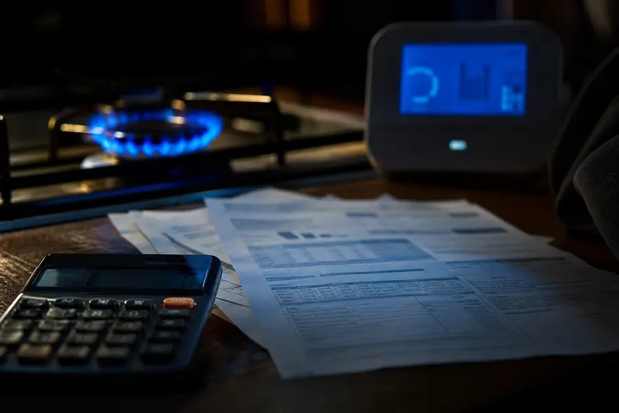 Facture de gaz, calculatrice et compteur illustrant le poids de l’accise dans le budget énergétique d’un foyer.