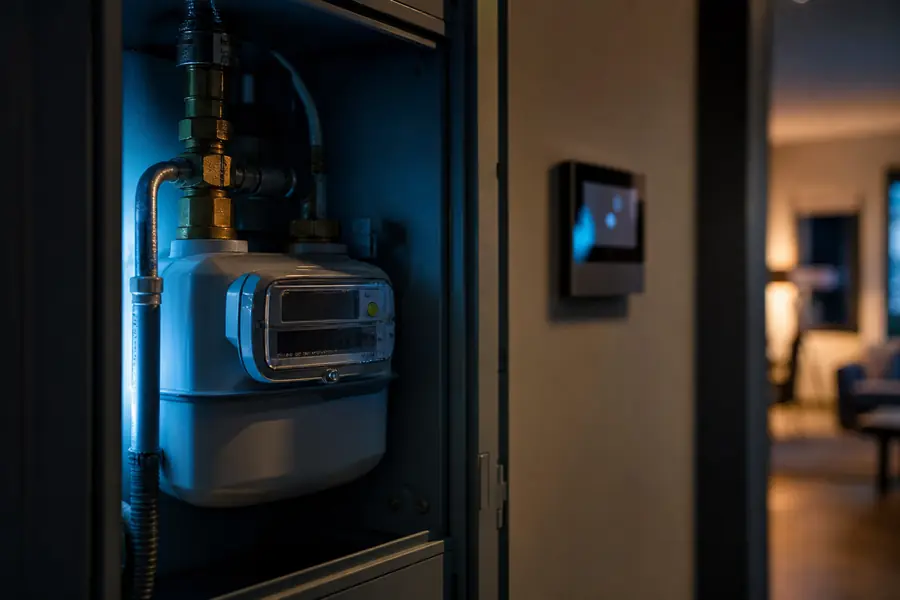 Compteur communicant de gaz dans un logement, illustrant le suivi quotidien de la consommation énergétique.