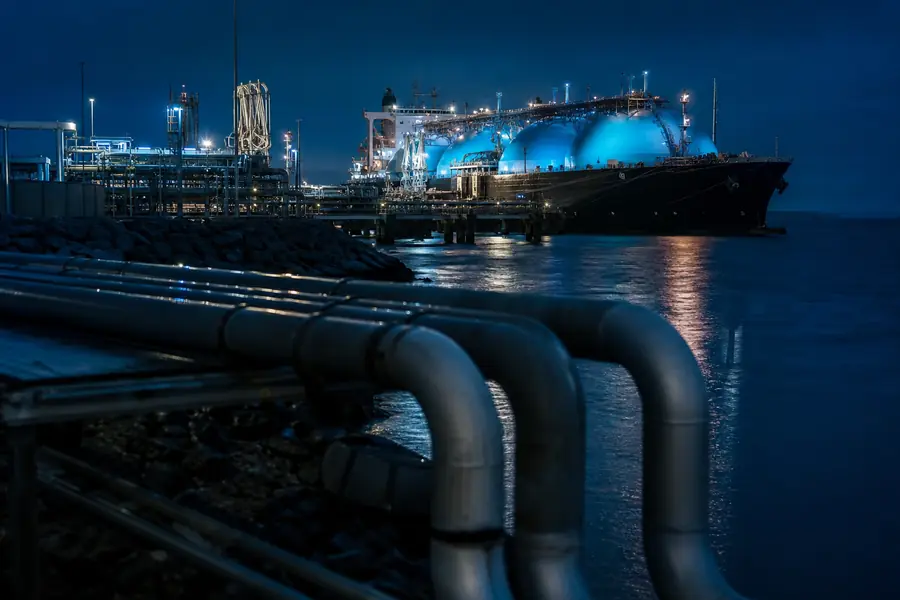 Terminal méthanier au crépuscule avec un navire GNL et des infrastructures reliées au réseau gazier français.