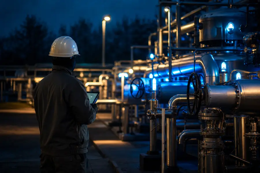 Poste de distribution de gaz aux canalisations métalliques, éclairé d’accents bleu gaz dans une atmosphère nocturne.