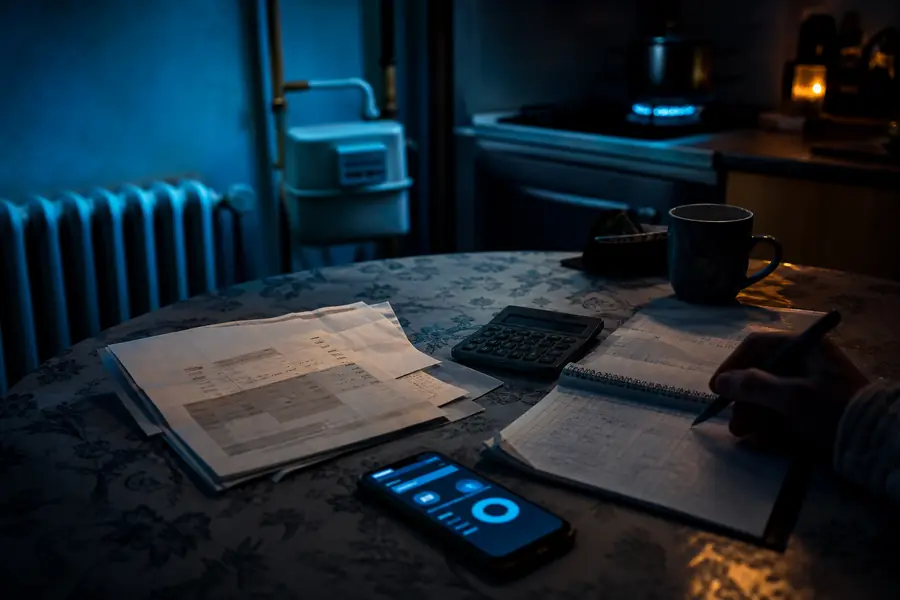 Facture de gaz, calculatrice et relevé de compteur illustrant un litige de facturation d’énergie.