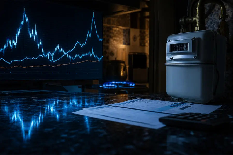 Écrans de marché du gaz et compteur domestique dans une ambiance nocturne aux reflets bleu gaz.
