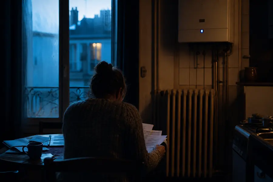 Habitant examinant ses factures de gaz dans un logement peu chauffé, devant un radiateur en hiver.