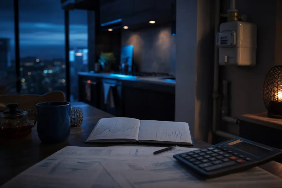 Facture de gaz, calculatrice et suivi budgétaire posés sur une table dans une ambiance sombre aux reflets bleus.