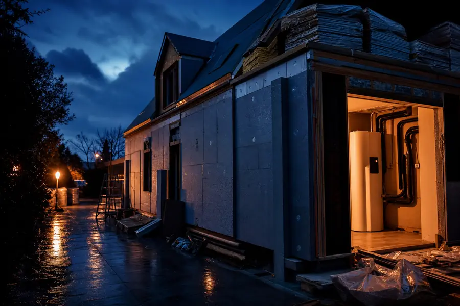 Maison française en rénovation énergétique avec isolation extérieure et installation de chauffage, dans une lumière bleu gaz.
