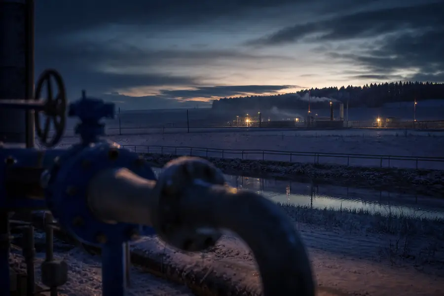 Installation de stockage de gaz en hiver, avec canalisations industrielles dans une lumière bleue et brumeuse.