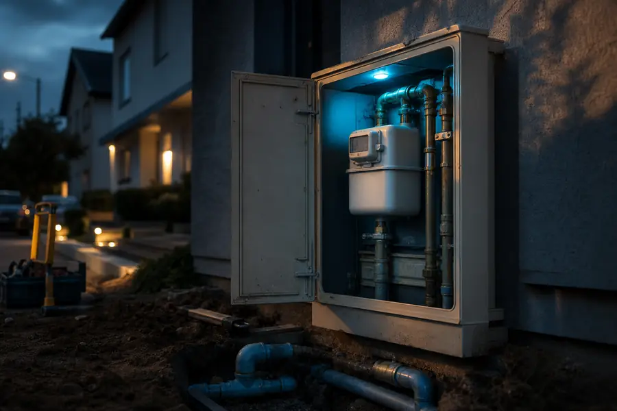 Un compteur de gaz et des canalisations éclairés de bleu illustrent le coût du réseau de distribution.