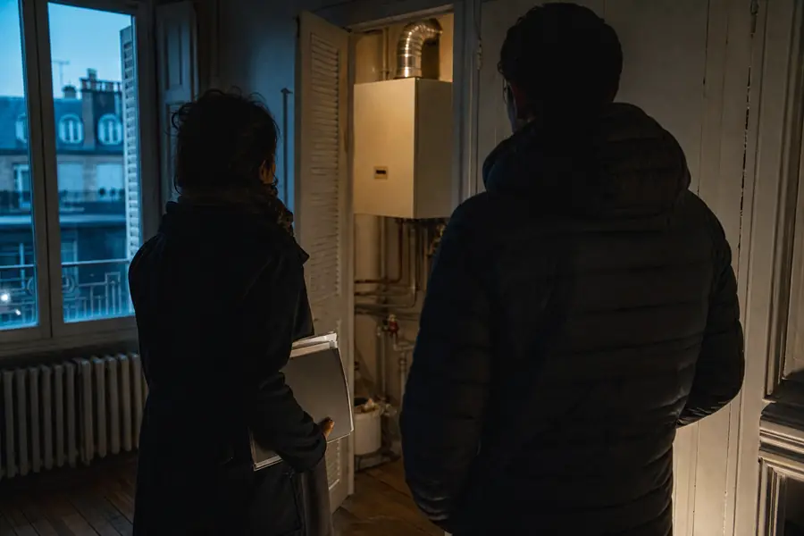 Couple examinant des documents devant une chaudière murale à gaz dans un logement français visité avant achat.
