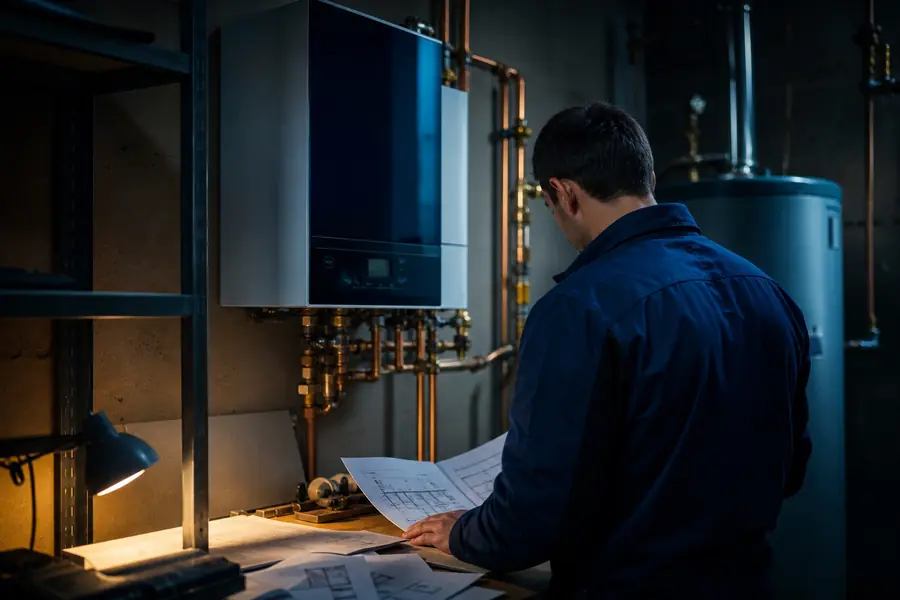 Technicien de dos inspectant une chaudière dans une chaufferie domestique aux tonalités bleu gaz.