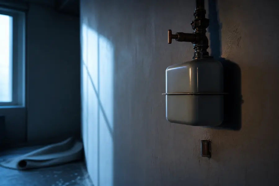 Compteur de gaz condamné dans un logement rénové, robinet d'arrivée fermé et canalisation obturée après l'abandon du chauffage au gaz.