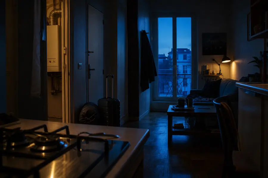 Studio meublé loué en bail mobilité avec cuisine équipée d'une plaque de cuisson au gaz et valise posée près de l'entrée.