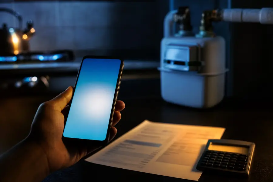 Main tenant un smartphone affichant un montant de remise à côté d'une facture de gaz posée sur une table sombre