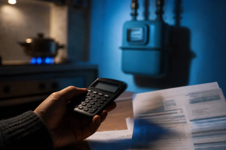 Facture de gaz posée sur une table avec une ligne indiquant la classe de consommation, à côté d'une calculatrice.