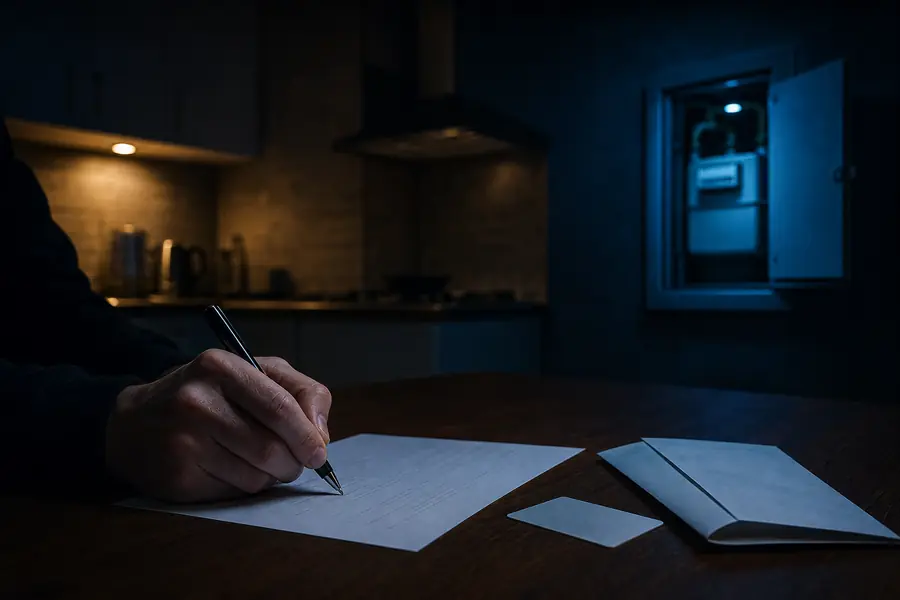 Personne signant un document de contrat de gaz à une table de cuisine, avec un compteur de gaz discret visible à l'arrière-plan.