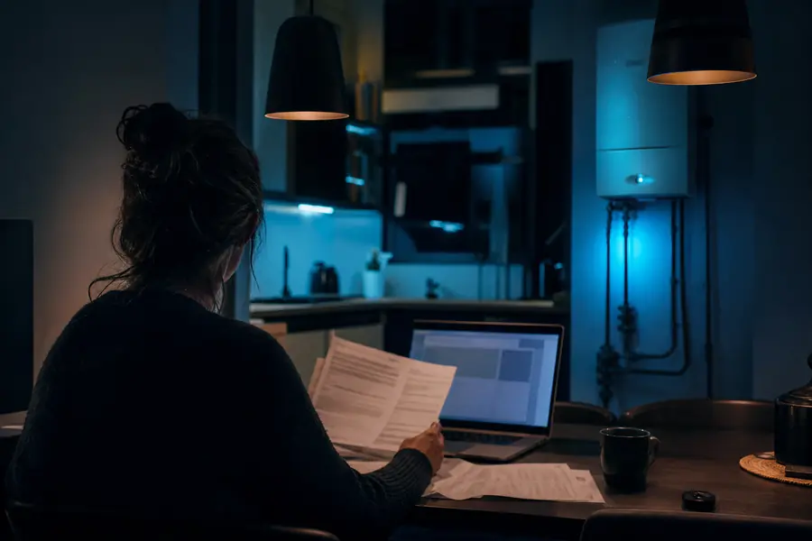 Particulier comparant des offres de gaz sur ordinateur avec facture et compteur domestique en arrière-plan sombre.