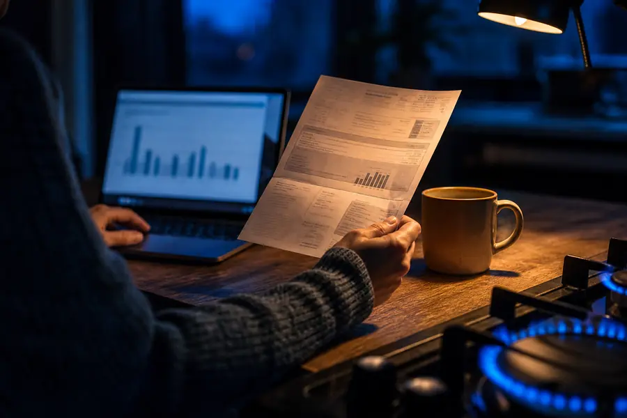 Personne consultant sa facture de gaz et un comparatif d'offres sur un ordinateur portable, à une table de cuisine française.