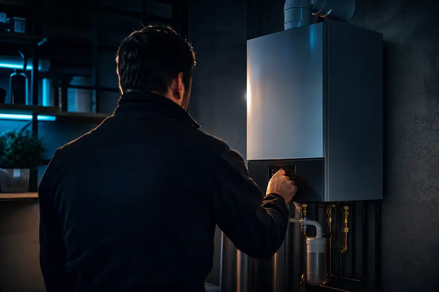 Technicien réglant une chaudière gaz à condensation raccordée à des radiateurs dans une chaufferie domestique.