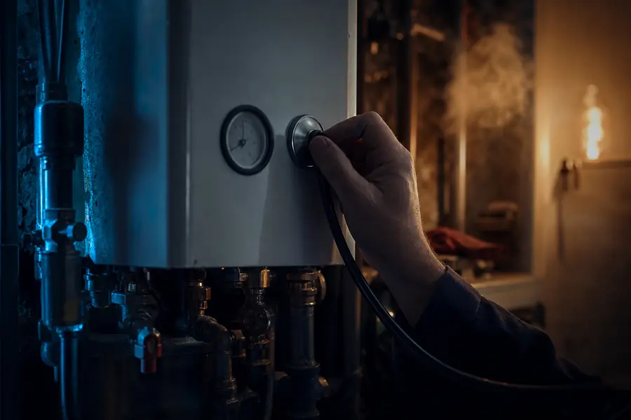 Technicien examinant une chaudière gaz murale dans un local technique sombre, à la recherche de l'origine d'un bruit anormal.