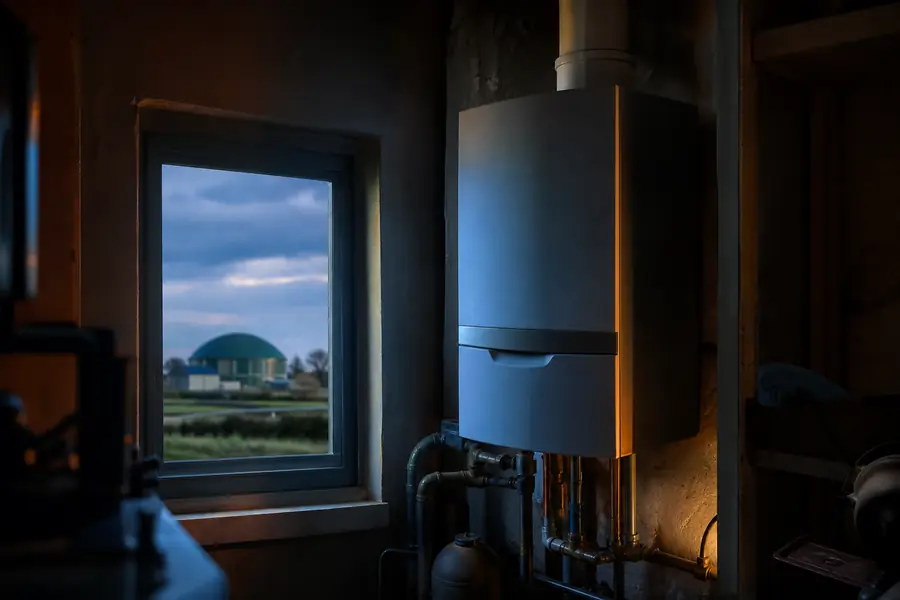 Chaudière murale à gaz dans un logement français, avec un paysage agricole évoquant la méthanisation en arrière-plan.