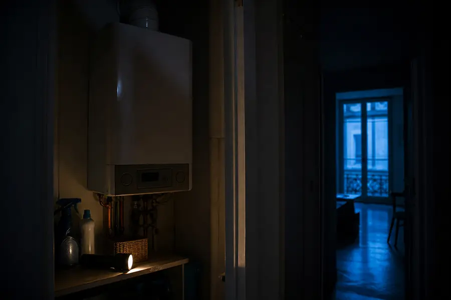 Chaudière murale à gaz éteinte dans un logement plongé dans la pénombre pendant une panne de courant, éclairée par une lampe torche.