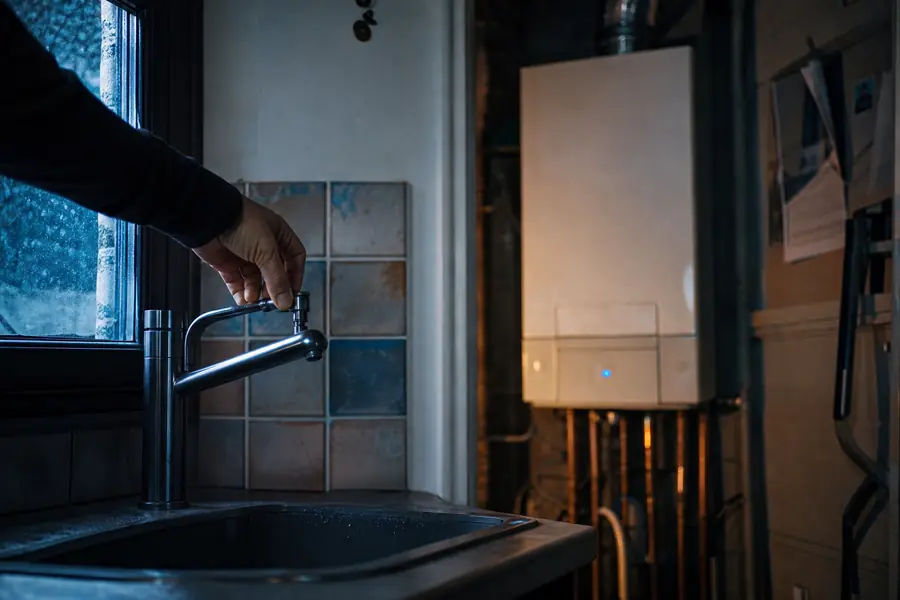 Chaudière murale à gaz dans un logement français, avec un robinet fermé et un avis de travaux sur le réseau d'eau posé à côté.