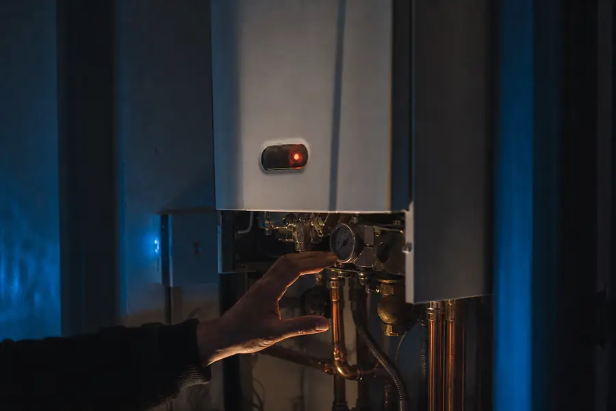 Chaudière murale à gaz éteinte avec voyant de défaut allumé, examinée sans ouverture de l'appareil dans un logement français.