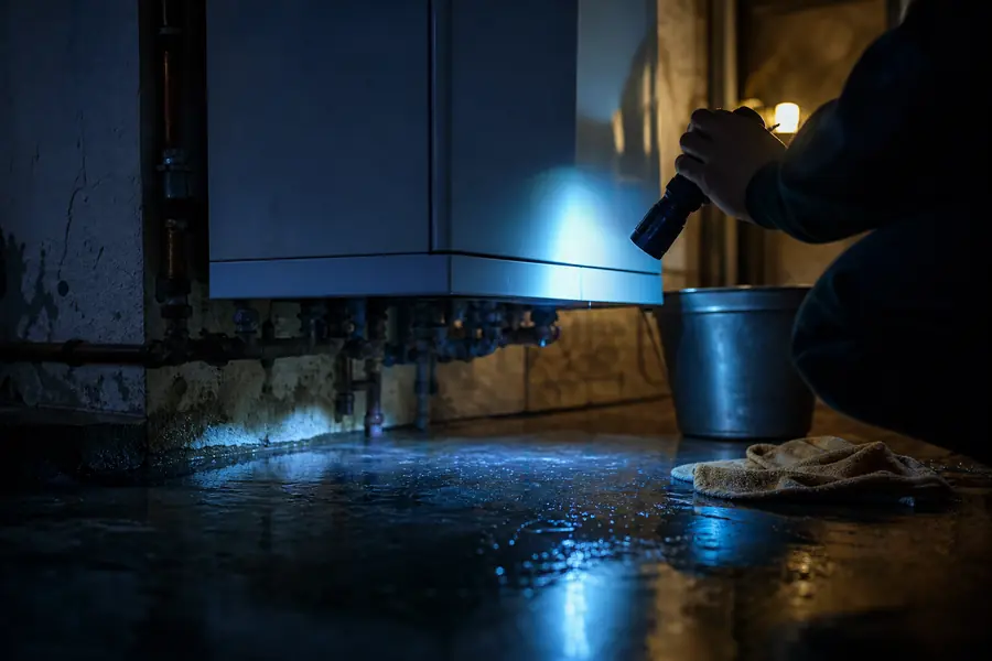Technicien examinant le socle d'une chaudière gaz murale avec une flaque d'eau et un seau posé au sol dans un local technique sombre.