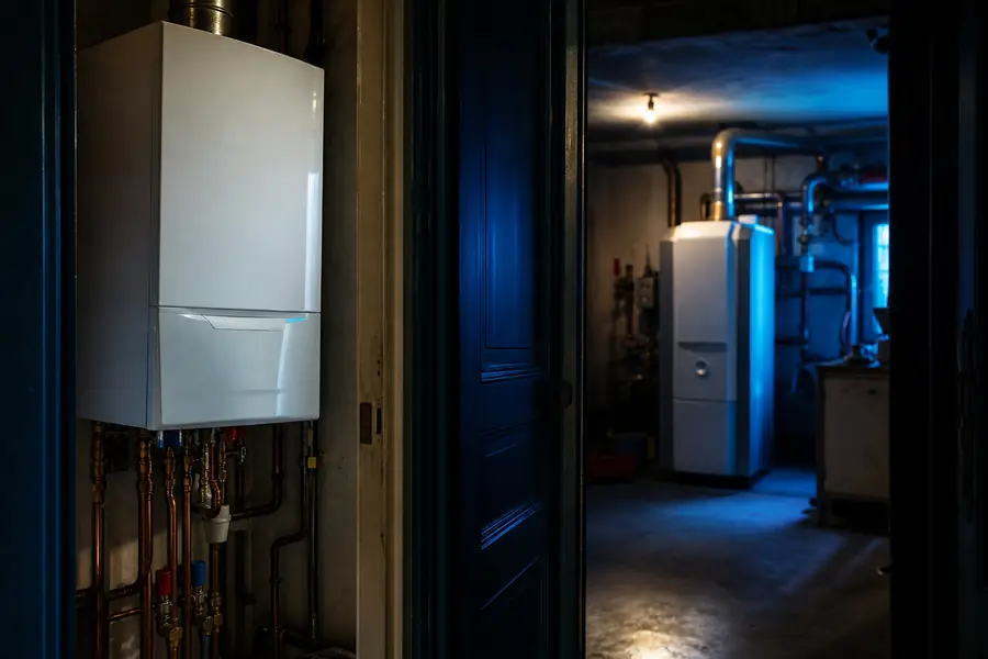 Chaudière gaz murale compacte dans un local technique français, à côté d'un espace libre évoquant une chaudière au sol.