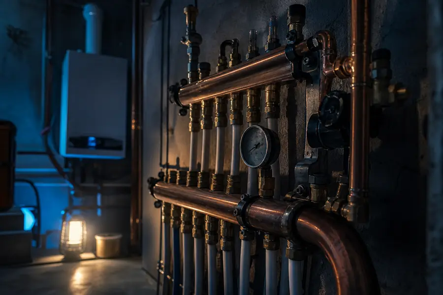 Collecteur de plancher chauffant hydraulique raccordé à une chaudière gaz murale dans un local technique d'une maison française.