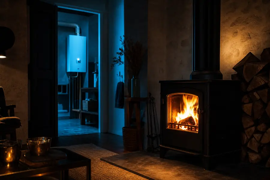 Poêle à bois allumé dans un salon avec une chaudière murale au gaz visible en arrière-plan dans une pièce attenante.