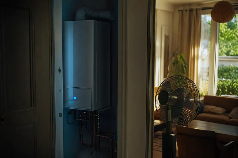Chaudière murale à gaz dans un logement français, avec un ventilateur électrique posé au sol en été.