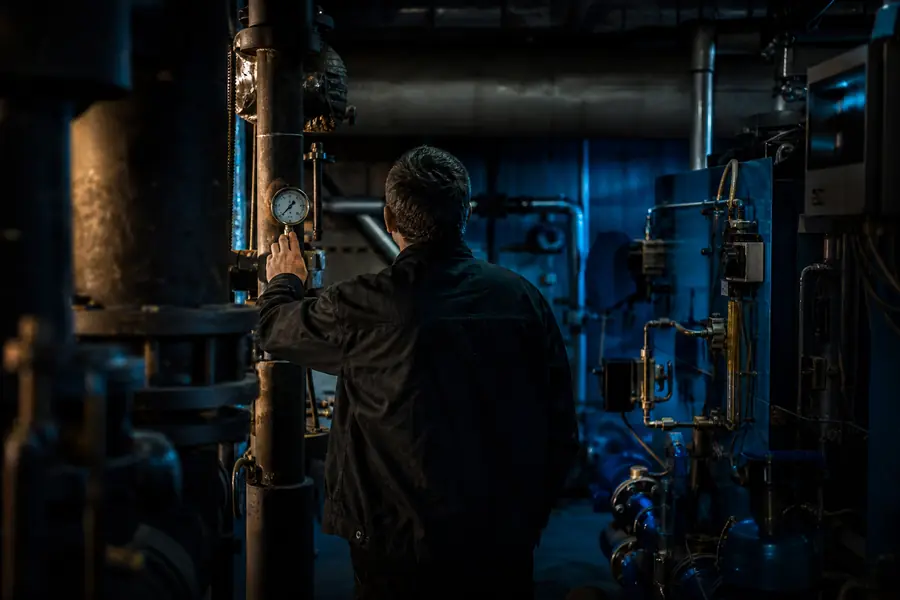 Chaufferie collective au gaz d’un immeuble avec tuyauterie de distribution et compteur de chaufferie en gros plan.