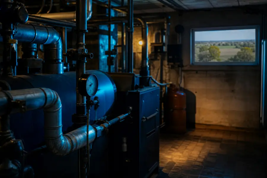 Chaufferie collective au gaz d'un immeuble français, avec un paysage agricole évoquant le biométhane en superposition subtile.