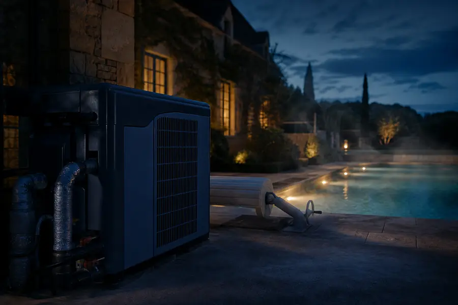 Réchauffeur de piscine au gaz installé discrètement près d'un bassin français, avec une légère vapeur au-dessus de l'eau au crépuscule.