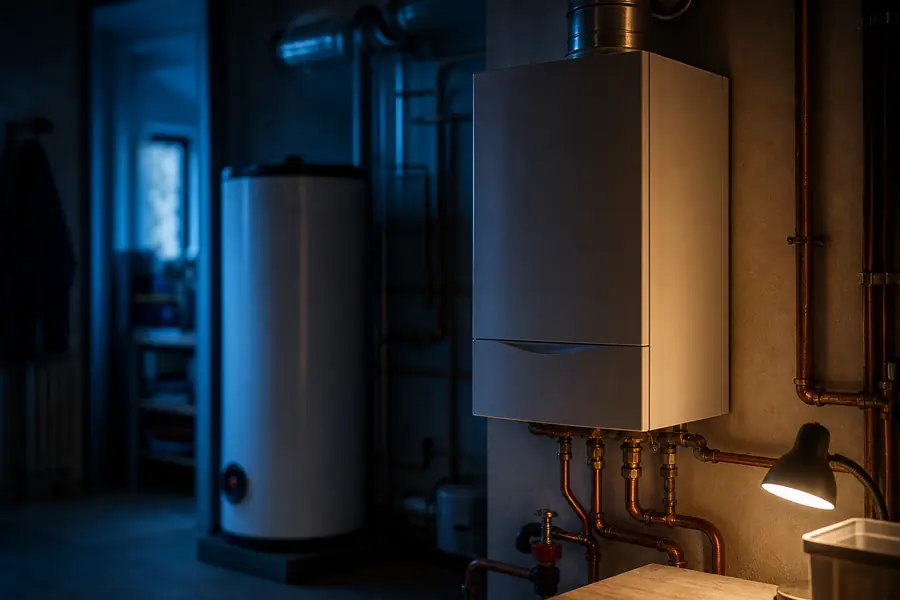 Chauffe-eau au gaz mural installé dans un cellier de maison française, avec un ballon électrique visible en arrière-plan flou.
