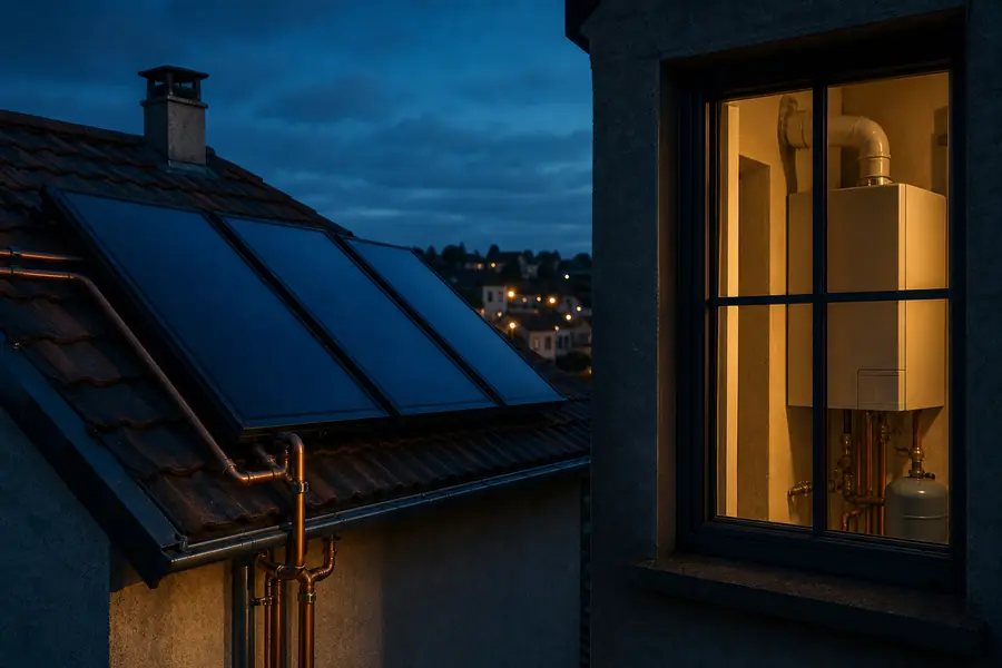 Capteurs solaires thermiques sur le toit d'une maison française, raccordés à une chaudière gaz d'appoint dans le local technique.