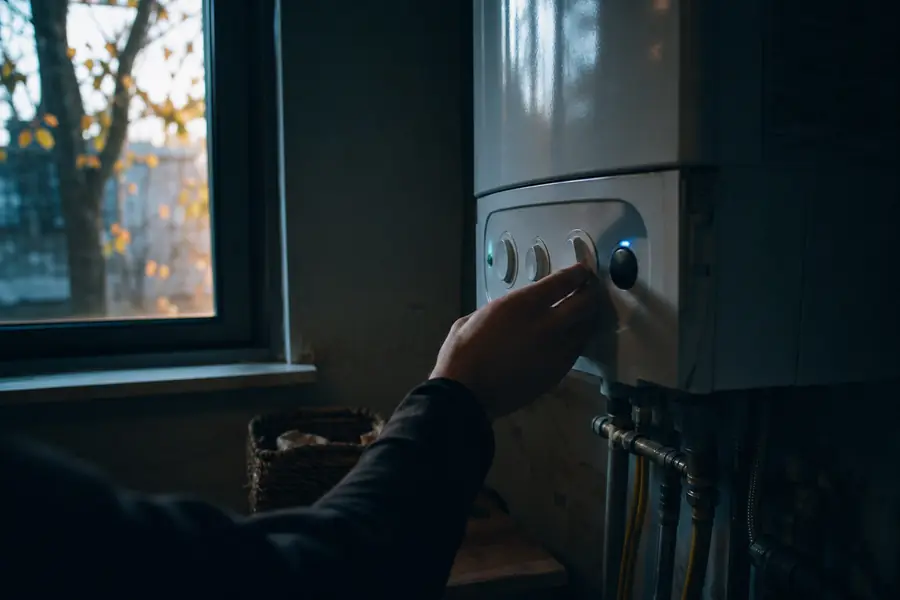Personne vérifiant le panneau de commande d'une chaudière murale à gaz dans un logement français en début d'automne.