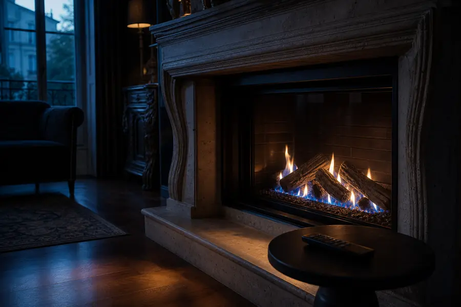 Insert de cheminée à gaz naturel avec flamme visible et bûches décoratives dans un salon français en soirée.