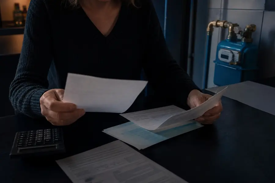 Une personne consulte une facture de gaz et un courrier d’aide énergétique sur une table dans une pièce sombre.
