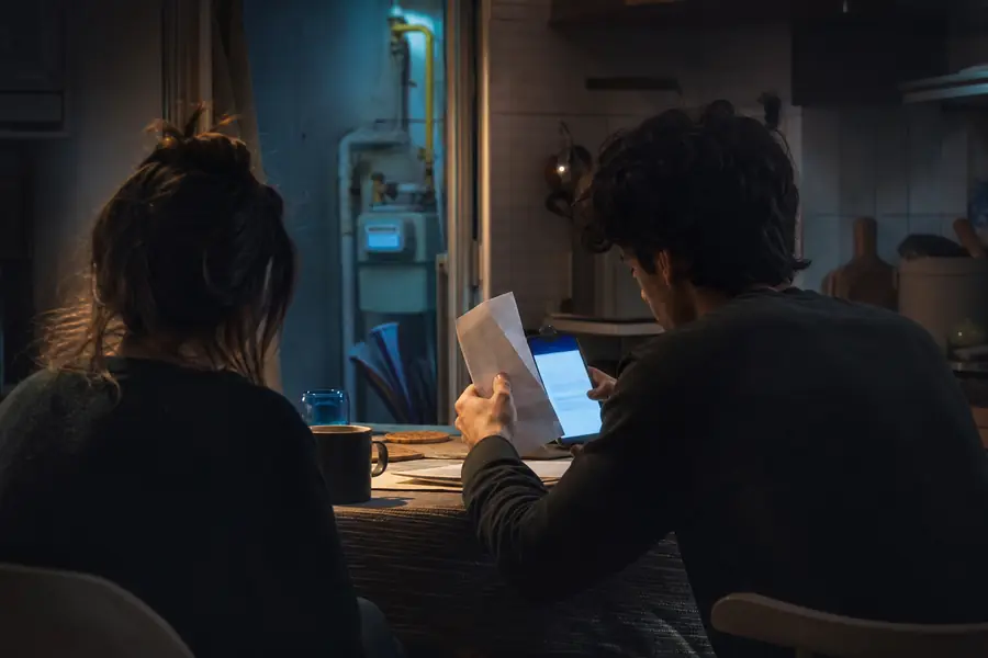 Colocataires partageant une facture de gaz autour d'une table, avec un compteur visible en arrière-plan.