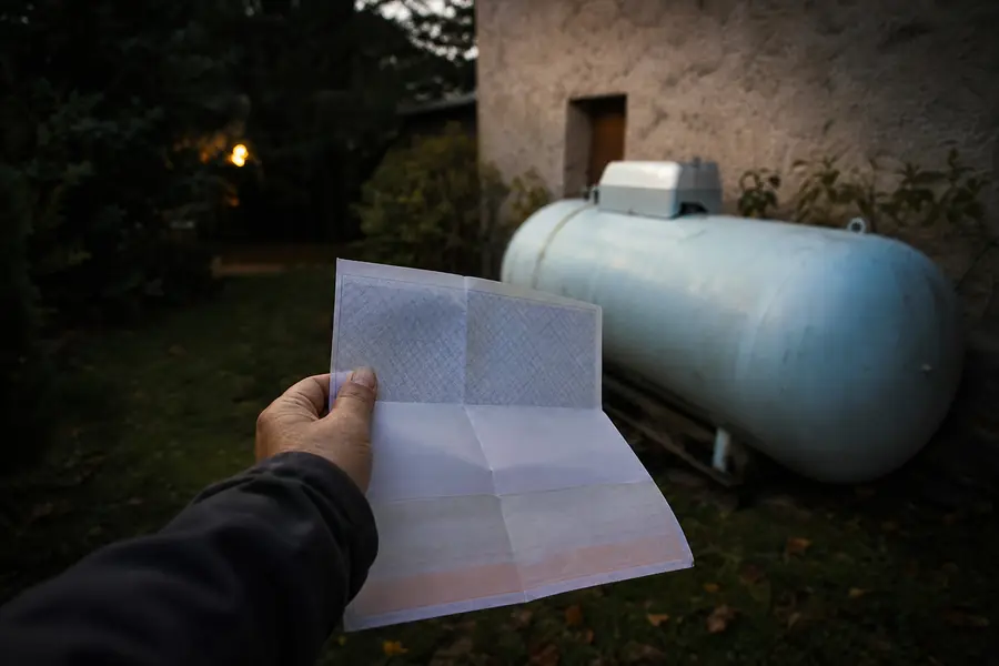Chèque énergie posé près d'une citerne de propane dans le jardin d'une maison individuelle française.