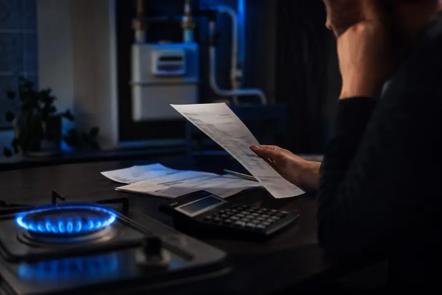 Mains d’un particulier vérifiant une facture de gaz avec calculatrice près d’un compteur, dans une ambiance sombre.