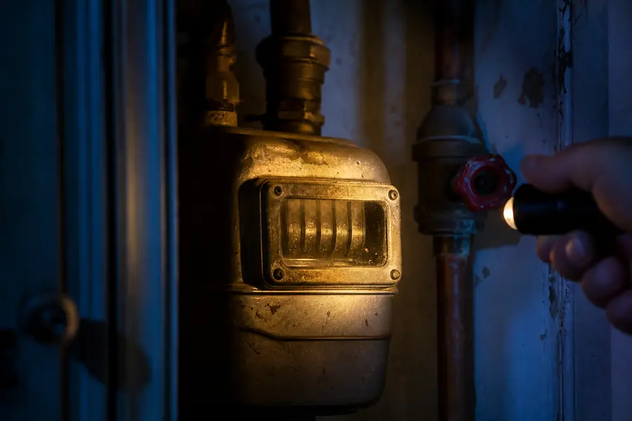 Compteur de gaz domestique en gaine technique, index mécanique éclairé de près pendant un relevé de contrôle par un occupant.