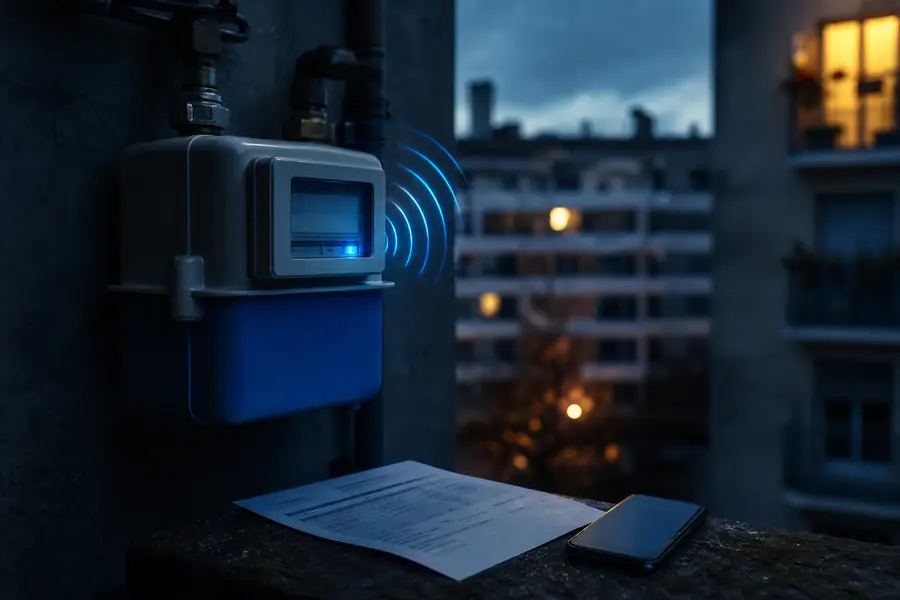 Compteur communicant de gaz installé sur un mur, illustrant la relève à distance et le suivi des consommations.
